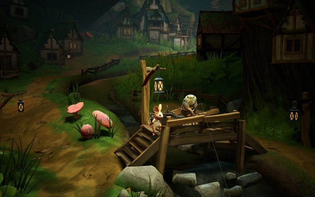 Moss: The Forgotten Relic - a screenshot for a review showing Quill, a mouse, standing in a mouse village while another mouse fishes.