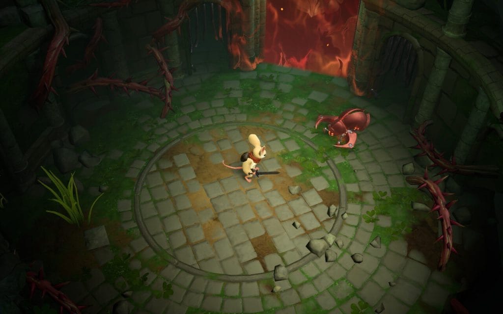 Moss: The Forgotten Relic - a screenshot for a review showing Quill, a mouse, fighting a metal scarab with a sword.