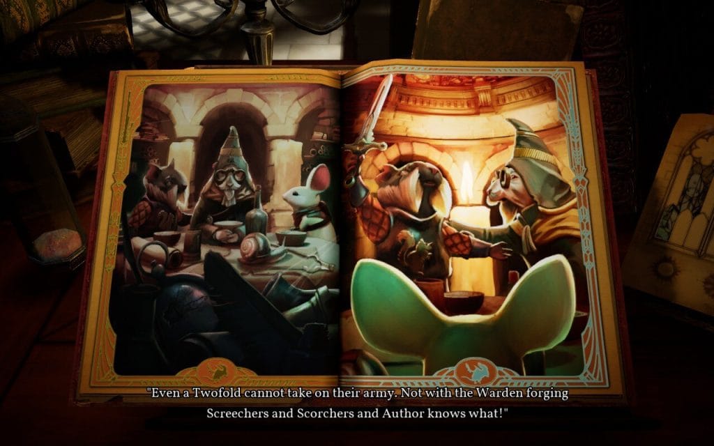 Moss: The Forgotten Relic - a screenshot for a review showing the storybook cutscenes. The caption reads, "Even a Twofold cannot take on their army. Not with the Warden forging Screechers and Scorchers and Author knows what!"