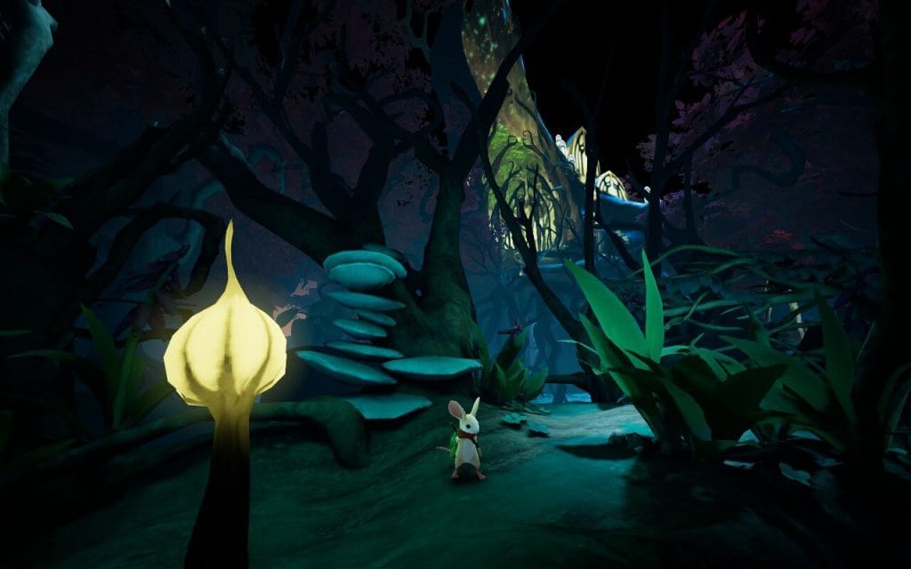 Moss: The Forgotten Relic - a screenshot in a review showing Quill, a mouse, standing in front of a magical swamp castle.