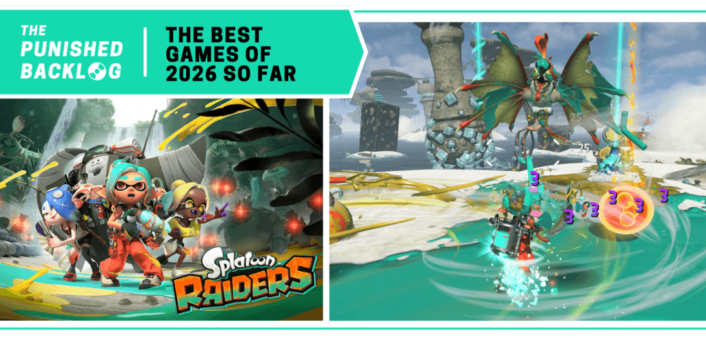 Splatoon Raiders: Cover Art and a gameplay screenshot showing a blue-haired kid spinning up a whirlwind as a flying, bird-like creature looks down from the air, menacingly. A teal banner in the corner reads: The Punished Backlog - The Best Games of 2026 So Far. 