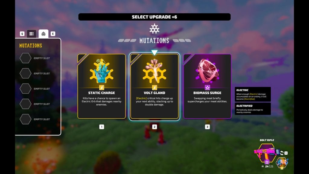 Swapmeat review - picture of the mutations select screen upon leveling up