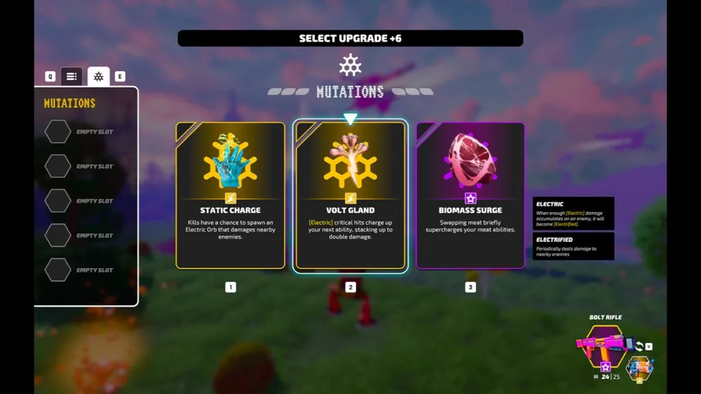 Swapmeat review - picture of the mutations select screen upon leveling up