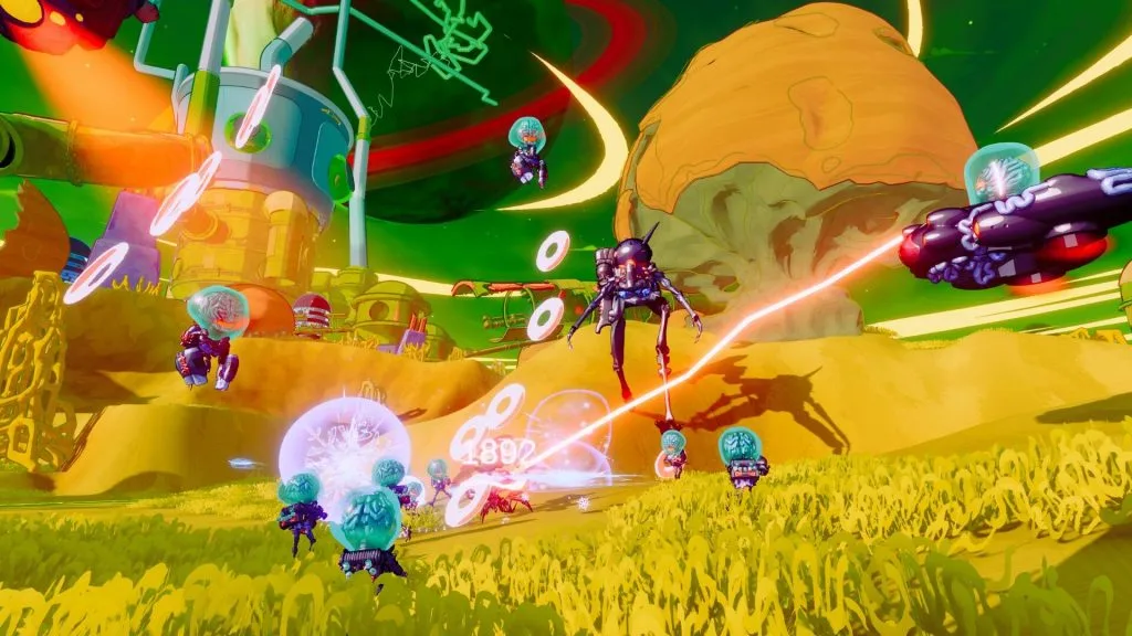 Swapmeat review - picture of Squishy engaging with combat with various aliens