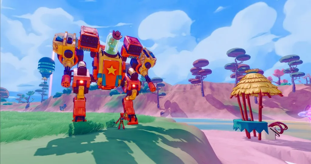 Swapmeat review - picture of Squishy standing under Carl Rangus in a mech