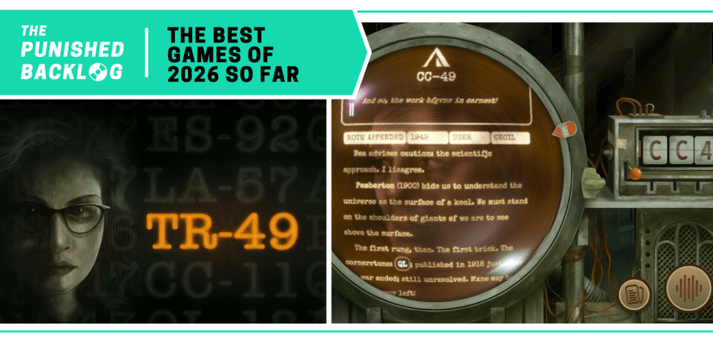 TR-49: Cover Art and a gameplay screenshot showing a strange computer machine with codes. A teal banner in the corner reads: The Punished Backlog - The Best Games of 2026 So Far.