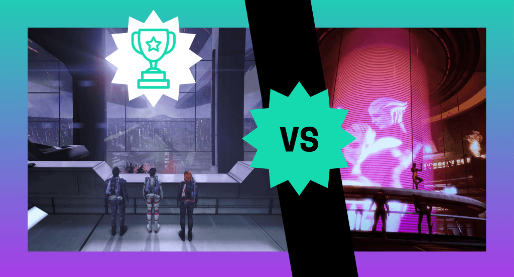 A graphic that shows a screenshot of the Citadel from the first Mass Effect game (Kaiden, Ashley, and female Commander Shepard) looking out at a window with a trophy graphic over it versus a screenshot of the Afterlife club in Mass Effect 2 showing giant pink screens and female dancers. This is featured in an op-ed comparing the Citadel and Afterlife as hubs in the original Mass Effect trilogy. 