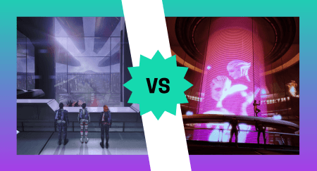 A graphic that shows a screenshot of the Citadel from the first Mass Effect game (Kaiden, Ashley, and female Commander Shepard) looking out at a window versus a screenshot of the Afterlife club in Mass Effect 2 showing giant pink screens and female dancers. This is featured in an op-ed comparing the Citadel and Afterlife as hubs in the original Mass Effect trilogy.