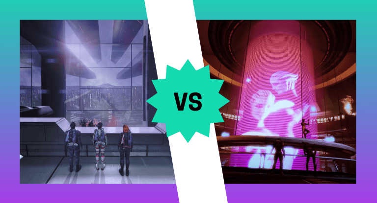 A graphic that shows a screenshot of the Citadel from the first Mass Effect game (Kaiden, Ashley, and female Commander Shepard) looking out at a window versus a screenshot of the Afterlife club in Mass Effect 2 showing giant pink screens and female dancers. This is featured in an op-ed comparing the Citadel and Afterlife as hubs in the original Mass Effect trilogy.