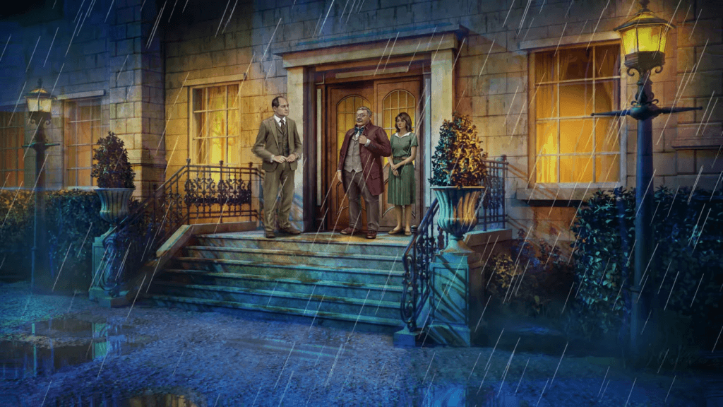 The Incident at Galley House review - photo of two men and a young woman standing at the entrance of a mansion