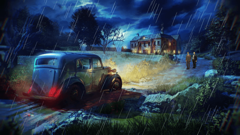 The Incident at Galley House review - photo of a 1930s car in the driveway of an elaborate mansion