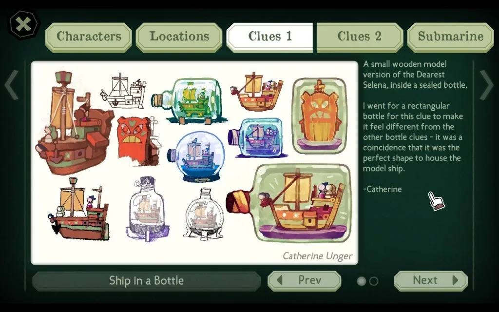 A screenshot from the game The Mermaid Mask, showing a making-of art gallery concept art for a ship-in-a-bottle clue. 