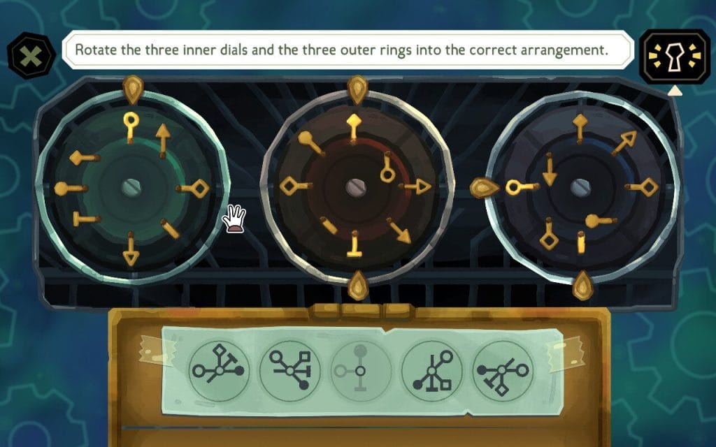 A screenshot from the game The Mermaid Mask, showing a puzzle with multiple rotating dials. 
