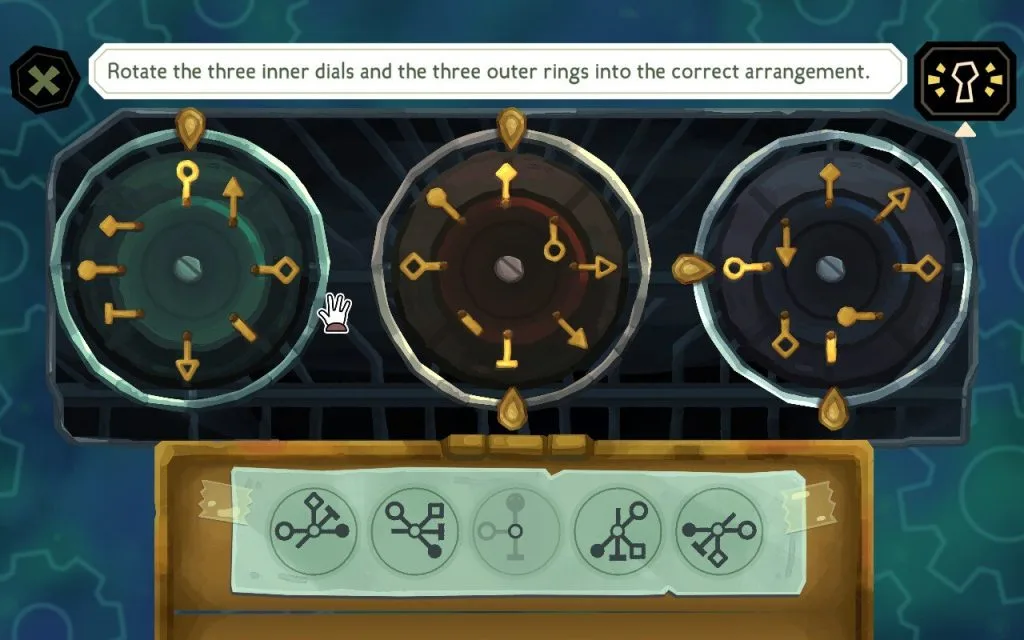 A screenshot from the game The Mermaid Mask, showing a puzzle with multiple rotating dials. 