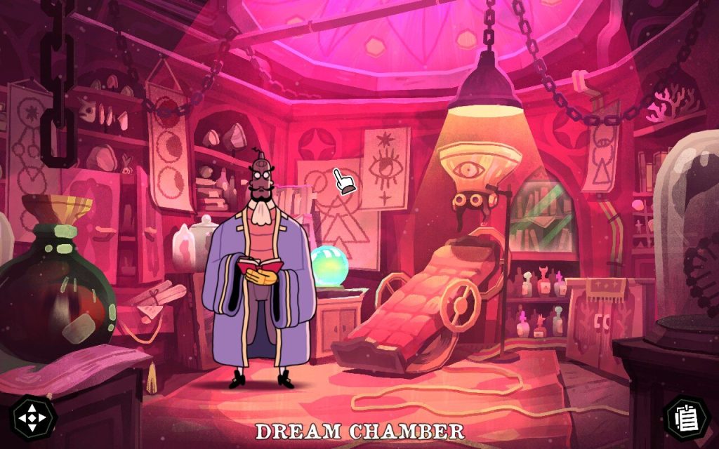 A screenshot from the game The Mermaid Mask, showing a serious-looking man wearing a blue cape in a mysterious, mystical room called "Dream Chamber" with pink-and-red decorations. 