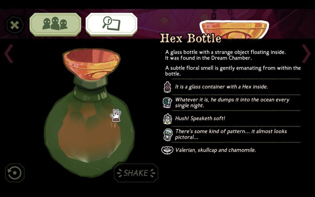 A screenshot from the game The Mermaid Mask, showing a clue called the Hex Bottle with comments from various characters describing what they think of it. 