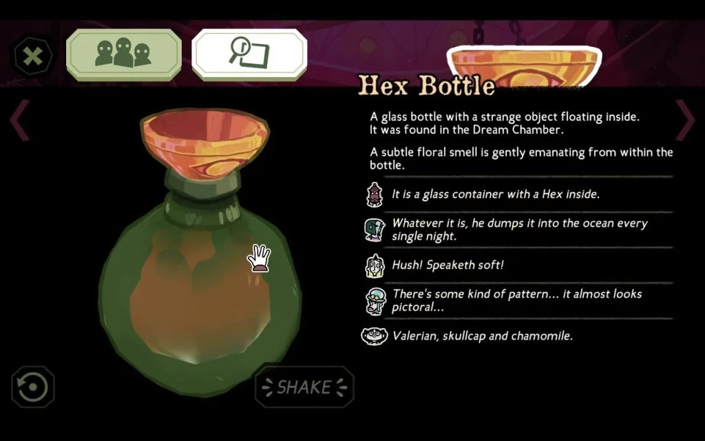 A screenshot from the game The Mermaid Mask, showing a clue called the Hex Bottle with comments from various characters describing what they think of it. 