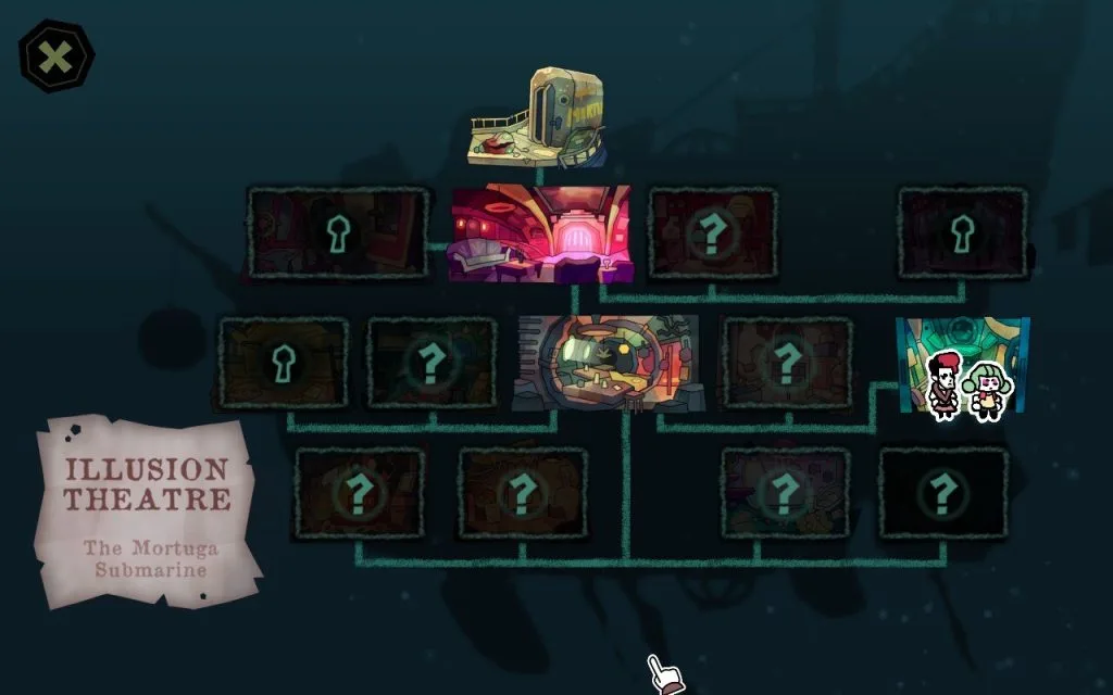 A screenshot from the game The Mermaid Mask, showing the map of the submarine with many rooms with question marks. The detectives are in a room called the Illusion Theatre. 