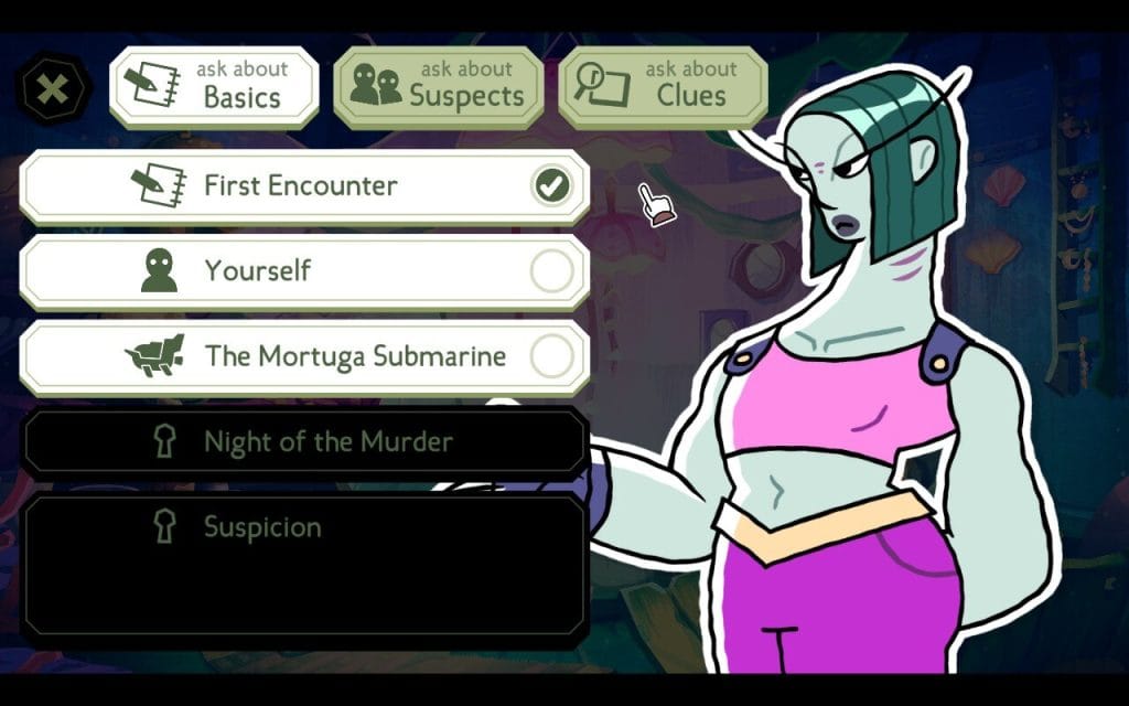 A screenshot from the game The Mermaid Mask, showing a suspect interview with a tall green-skinned woman in a pink crop top. 