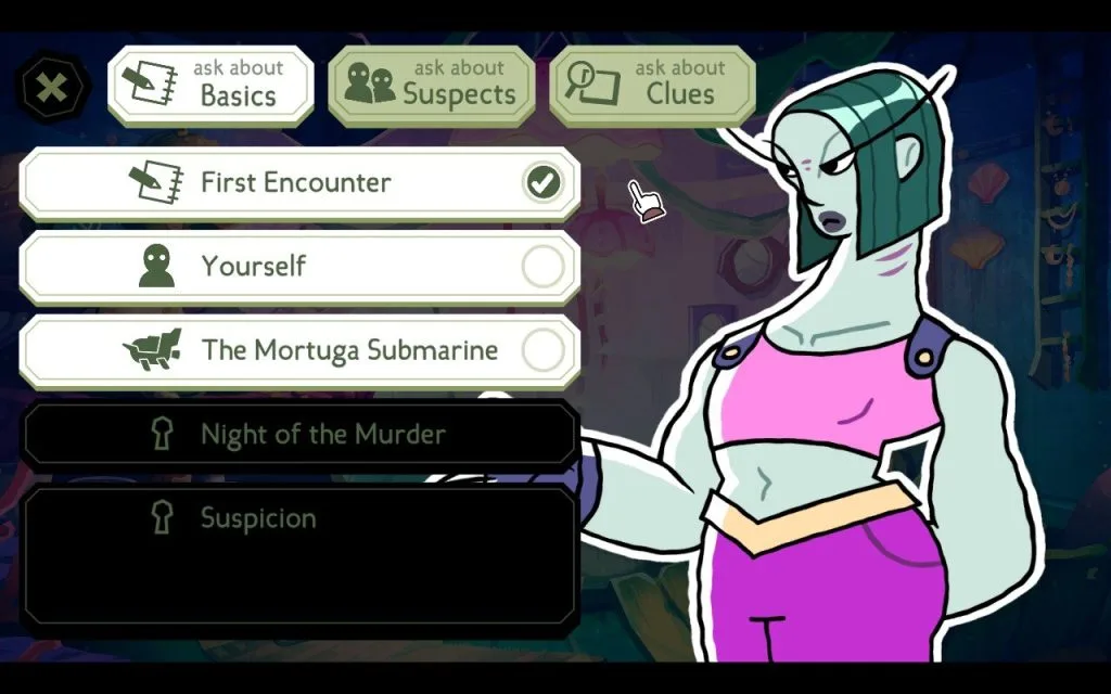 A screenshot from the game The Mermaid Mask, showing a suspect interview with a tall green-skinned woman in a pink crop top. 