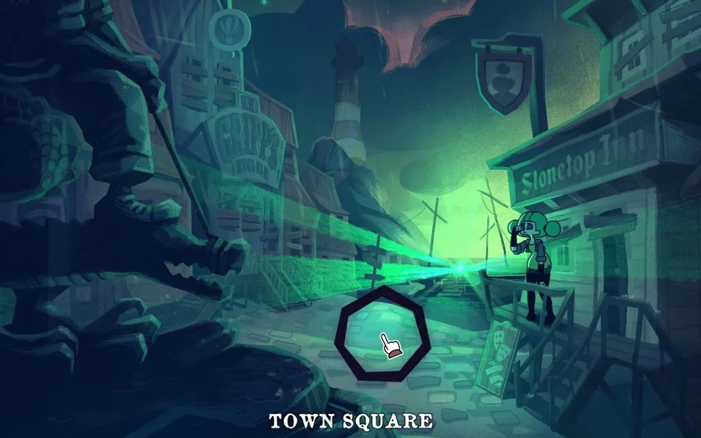 A screenshot from the game The Mermaid Mask, showing a sleepy-eyed green-haired woman standing outside a building called the Stonetop Inn in a decrepit seaside town. Text at the bottom reads "Town Square" and there is a green light coming from the ocean. 