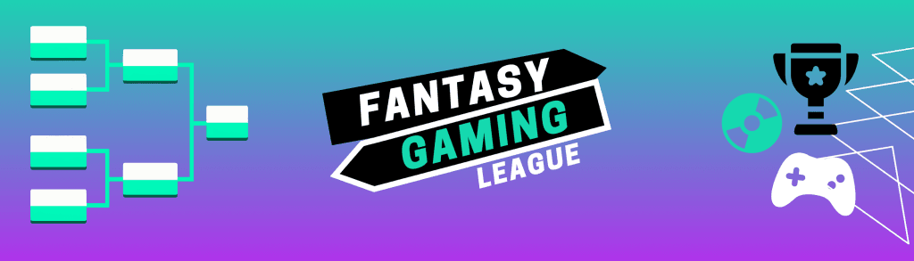 A graphic that serves as a divider. In the center, text reads "Fantasy Gaming League" and there are teal and white icons of a sports bracket, the Punished Backlog logo disc, a video game controller, and a trophy.