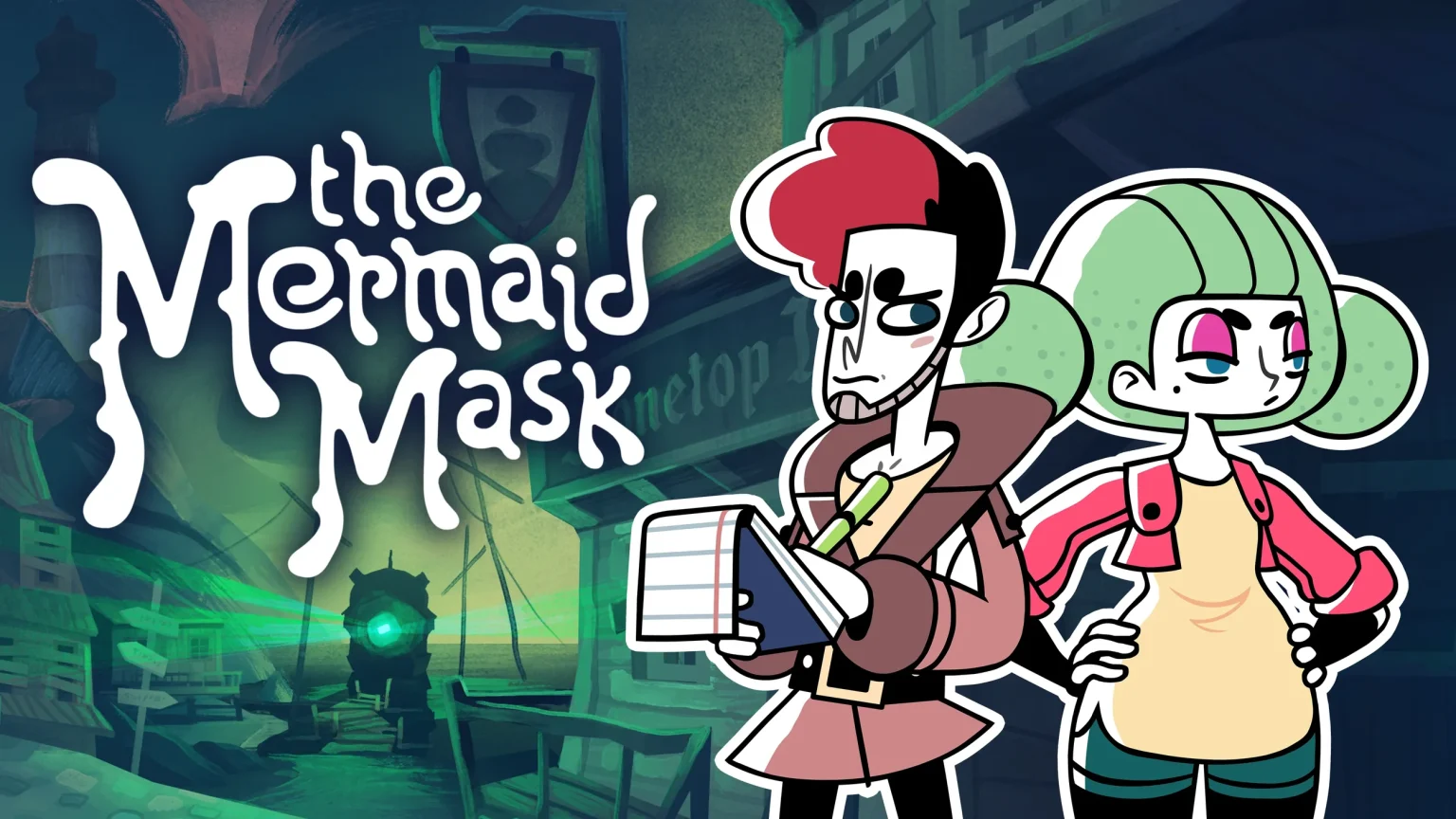 The key art for The Mermaid Mask by SFB Games showing two detectives, Grimoire and Sally.