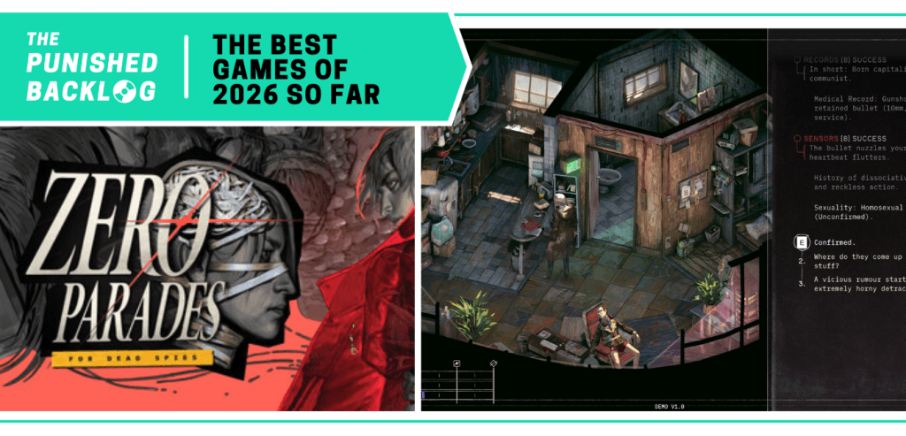 Zero Parades: For Dead Spies: Cover Art and a gameplay screenshot showing a female spy looking around an apartment. A teal banner in the corner reads: The Punished Backlog - The Best Games of 2026 So Far.