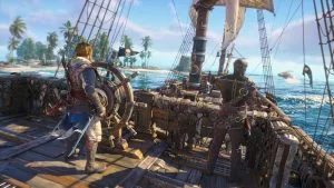 Assassin's Creed Black Flag Resynced - Edward Kenway and Adewale sailing on their ship across the Caribbean, with small islands on the horizon and whales jumping out of the water