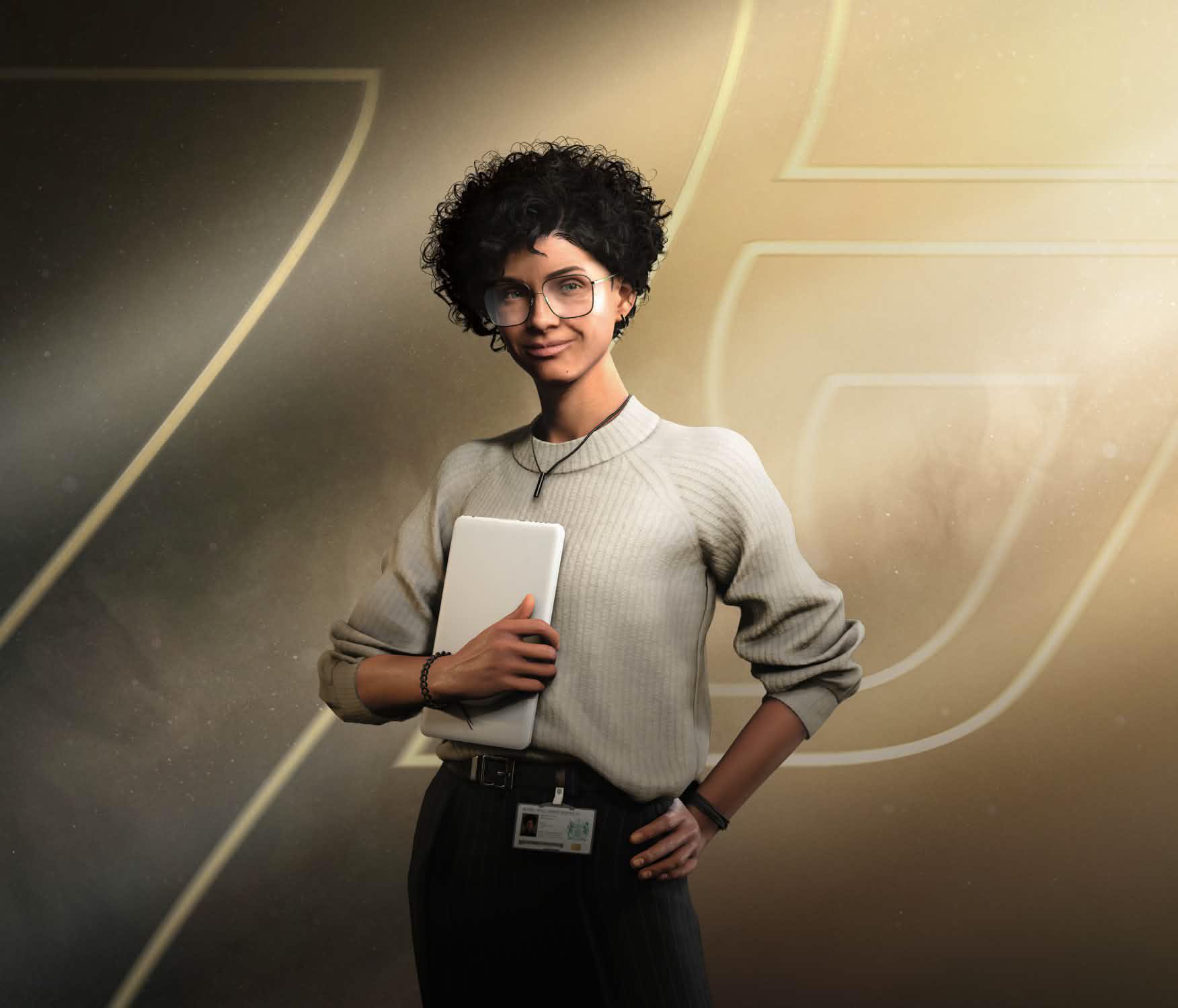 A promotional image for the 2026 James Bond video game by IO Interactive, 007 First Light, showing Moneypenny, a stylish young Black woman in front of the gold James Bond logo. This image is in an article about the character of Moneypenny in James Bond movies and video games.