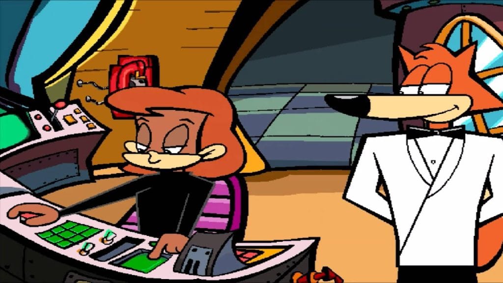 A screenshot from Spy Fox: in Dry Cereal, a 1997 computer game by Humongous Entertainment, showing a monkey woman in a black turtleneck sitting at a computer control board next to a fox in a tuxedo. This image is in an article about the character of Moneypenny in James Bond movies and video games; Spy Fox is a parody of James Bond for kids, and the character is called Monkey Penny.