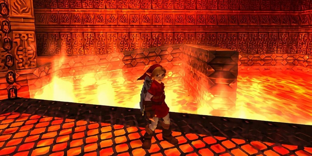 The Legend of Zelda: Ocarina of Time - Link standing on a grated platform in the Fire Temple, with lava on the floor beneath him