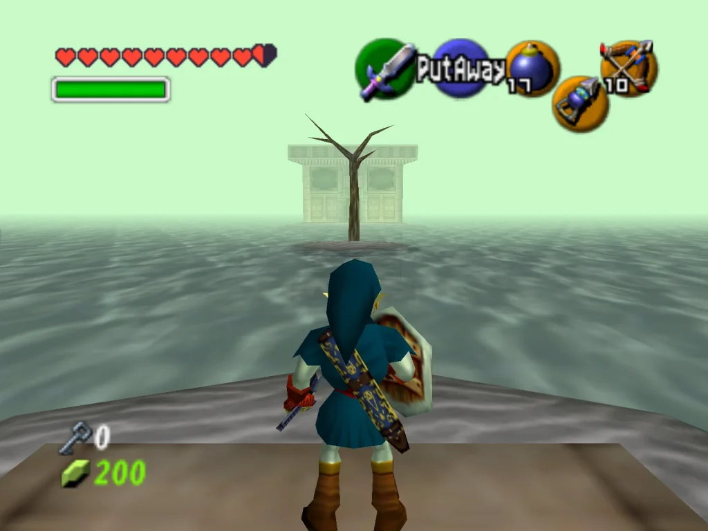 The Legend of Zelda: Ocarina of Time - Link staring at a dead tree in the Water Temple room where he fights Dark Link