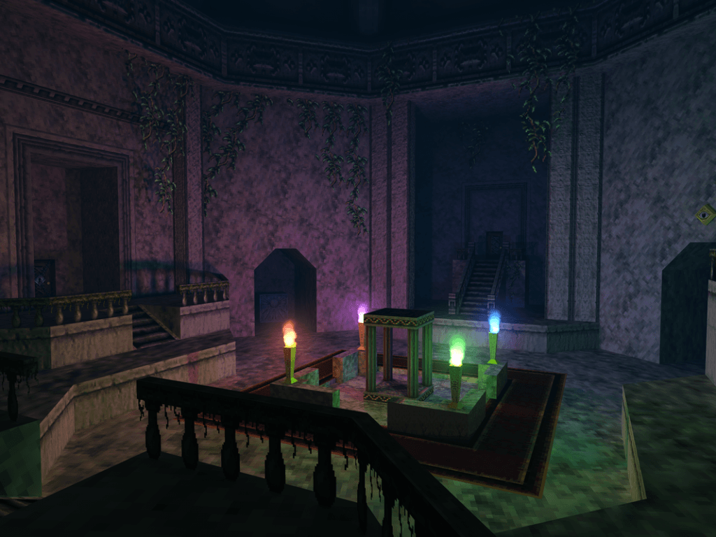 The Legend of Zelda: Ocarina of Time - inside the main hall of the Forest Temple after four colored torches -- red, purple, green, and blue -- have been lit