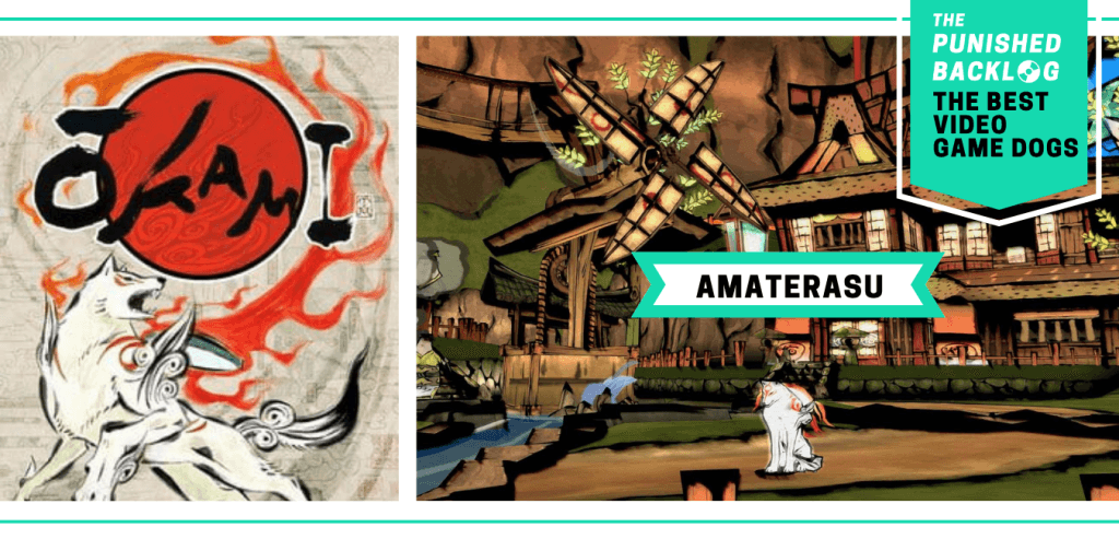 The Best Video Game Dogs: Amaterasu from Okami. This composite graphic that shows the cover art for the game and a screenshot of Amaterasu, a white wolf with wings, in a water-color style Japanese town. In the upper right corner, there is a teal banner with the logo for The Punished Backlog and text that shares the list title "The Best Video Game Dogs."