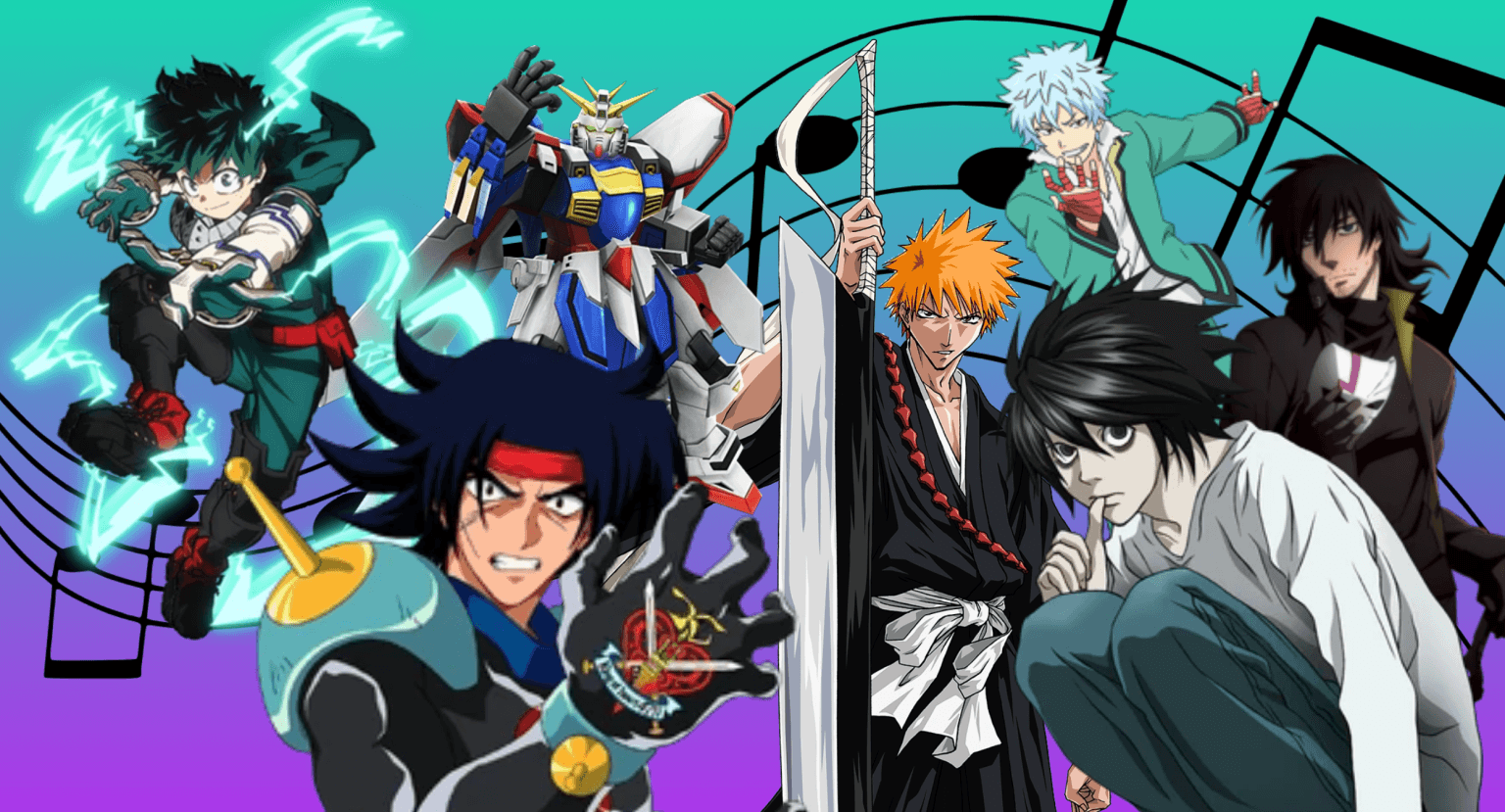 Banner image of Deku, Ichigo, L, and several other iconic anime characters for an article covering the best anime character theme songs ever made