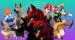 A graphic for a list of The Best Video Game Dogs at Punished Backlog. The composite image shows Eevee from Pokemon, PaRappa the Rapper, Beef from Dispatch, Scratch from Baldur's Gate 3, Cerberus from Hades and Hades II, Rush from Mega Man, Goofy from Kingdom Hearts, and Missile from Ghost Trick. There is a teal and purple background gradient. There are concentric white circles behind the center of the dogs.