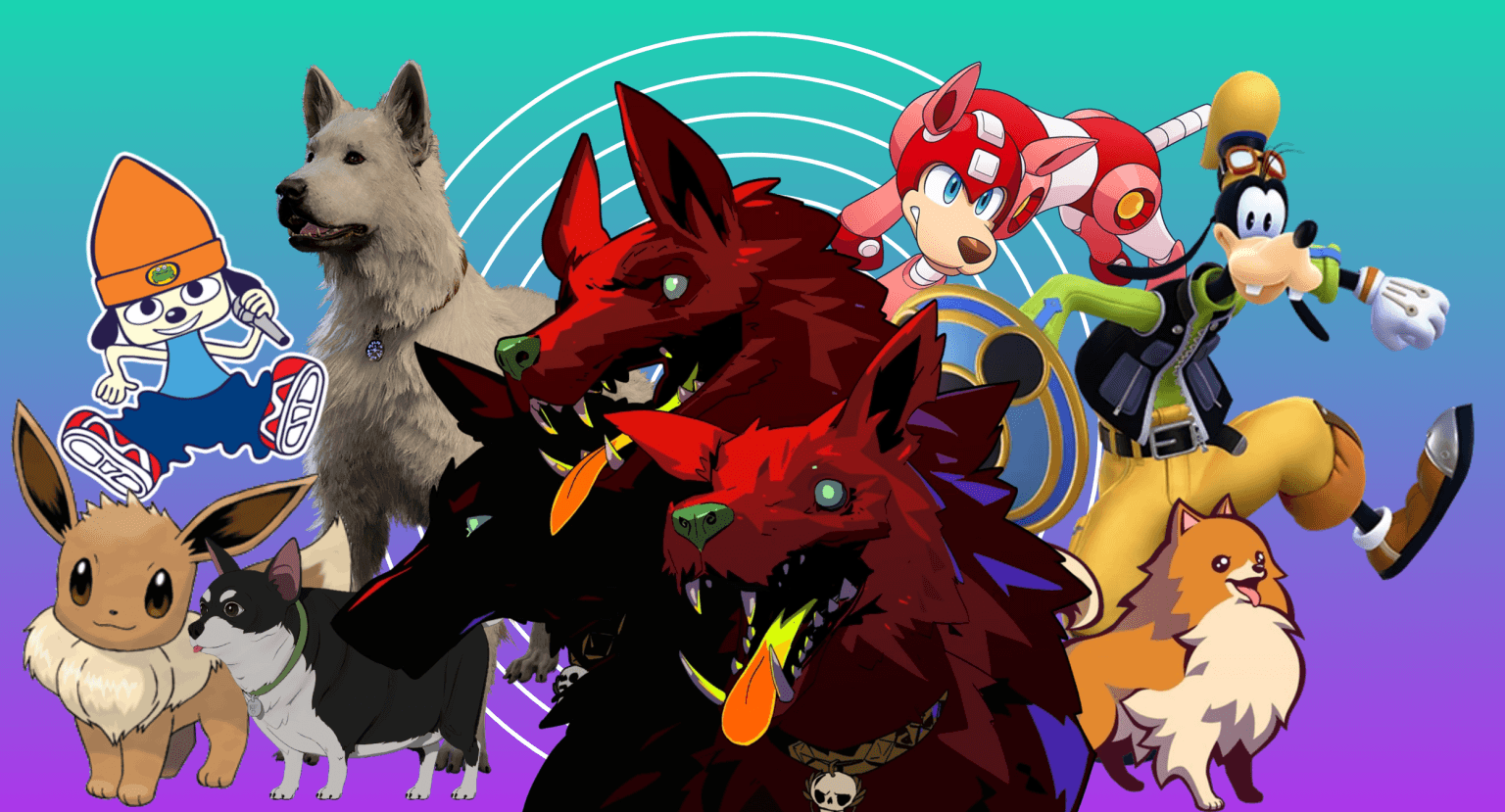 The 21 Best Video Game Dogs A graphic for a list of The Best Video Game Dogs at Punished Backlog. The composite image shows Eevee from Pokemon, PaRappa the Rapper, Beef from Dispatch, Scratch from Baldur's Gate 3, Cerberus from Hades and Hades II, Rush from Mega Man, Goofy from Kingdom Hearts, and Missile from Ghost Trick. There is a teal and purple background gradient. There are concentric white circles behind the center of the dogs.