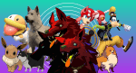 A graphic for a list of The Best Video Game Dogs at Punished Backlog. The composite image shows Eevee from Pokemon, Poochy from the Yoshi's Island games, Beef from Dispatch, Scratch from Baldur's Gate 3, Cerberus from Hades and Hades II, Rush from Mega Man, Goofy from Kingdom Hearts, and Missile from Ghost Trick. There is a teal and purple background gradient. There are concentric white circles behind the center of the dogs.