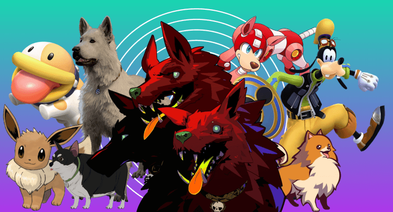 The 21 Best Video Game Dogs A graphic for a list of The Best Video Game Dogs at Punished Backlog. The composite image shows Eevee from Pokemon, Poochy from the Yoshi's Island games, Beef from Dispatch, Scratch from Baldur's Gate 3, Cerberus from Hades and Hades II, Rush from Mega Man, Goofy from Kingdom Hearts, and Missile from Ghost Trick. There is a teal and purple background gradient. There are concentric white circles behind the center of the dogs.