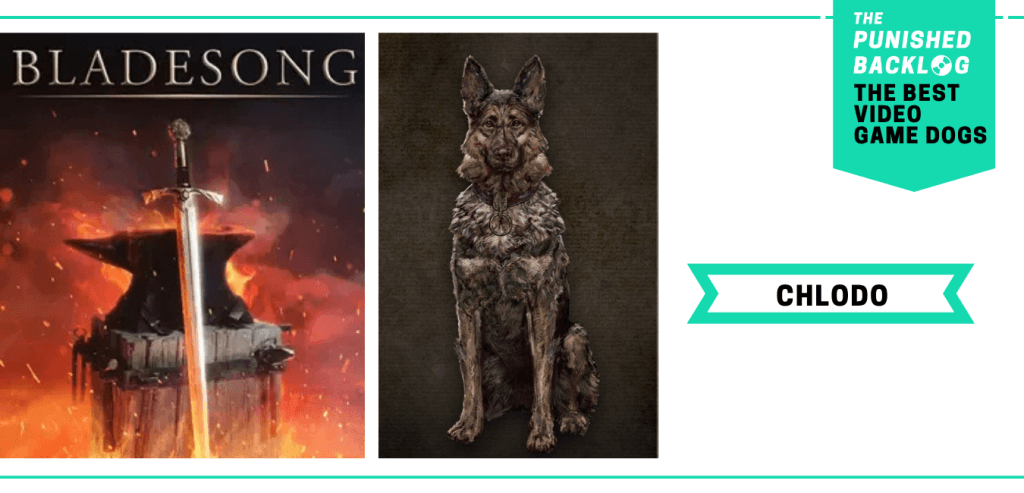 The Best Video Game Dogs: Chlodo from Bladesong. This composite graphic that shows the cover art for both games and a screenshot of the game's profile page for Chlodo, a beautifully illustrated brown dog. In the upper right corner, there is a teal banner with the logo for The Punished Backlog and text that shares the list title "The Best Video Game Dogs."