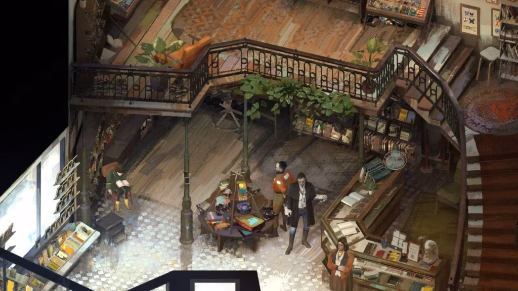 A Disco Elysium screenshot showing HDB and Kim in the bookstore with Annette. This image is featured in a conversation of a group of gamers reflecting on playing Disco Elysium.