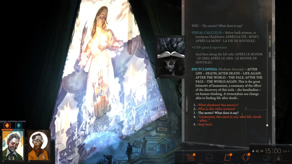 A Disco Elysium screenshot showing HDB and Kim admiring the church glass artwork. This image is featured in a conversation of a group of gamers reflecting on playing Disco Elysium.