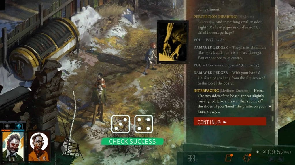 A Disco Elysium screenshot showing interfacing skill check (check success) of investigating the damaged ledger. This image is featured in a conversation of a group of gamers reflecting on playing Disco Elysium.