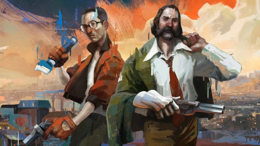 A promotional image for Disco Elysium showing Kim standing besides HDB. This image is featured in a conversation of a group of gamers reflecting on playing Disco Elysium.