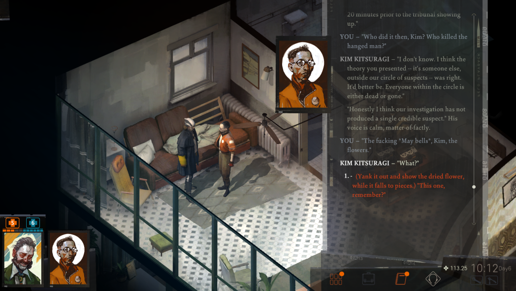 A Disco Elysium screenshot showing an ending where Kim says they didn't catch the bad guy but HDB shows Kim flowers. This image is featured in a conversation of a group of gamers reflecting on playing Disco Elysium.