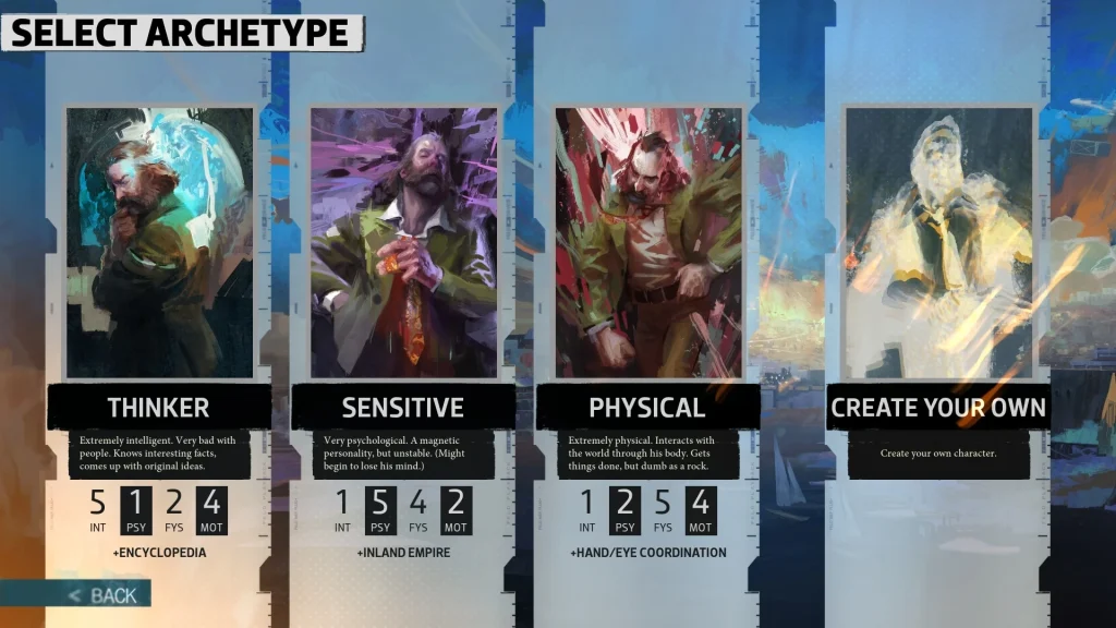 A Disco Elysium screenshot showing different skill tree archetypes of Thinker, Sensitive, and Physical This image is featured in a conversation of a group of gamers reflecting on playing Disco Elysium.
