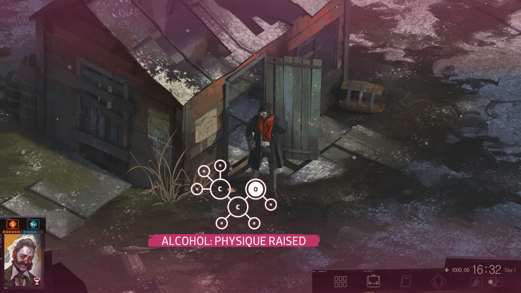 A Disco Elysium screenshot of HDB emerging from the coastal shack, drinking alcohol alone This image is featured in a conversation of a group of gamers reflecting on playing Disco Elysium.