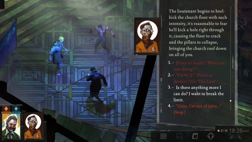 A Disco Elysium screenshot showing HDB and Kim dancing together in the church rave. This image is featured in a conversation of a group of gamers reflecting on playing Disco Elysium.
