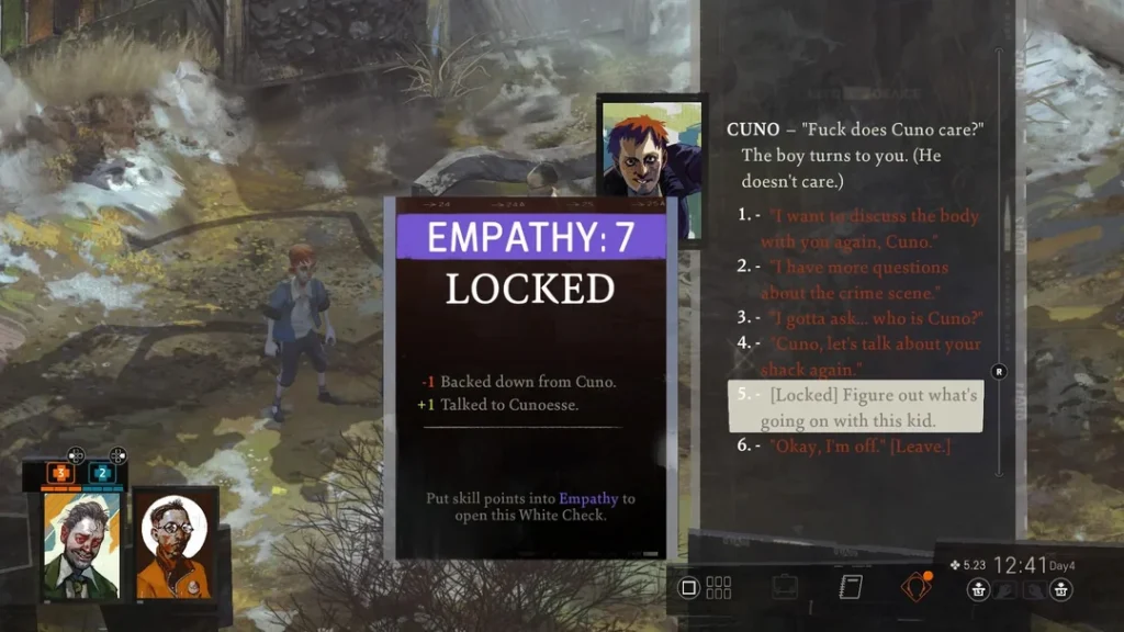 A Disco Elysium showing a locked Empathy skill check talking with Cuno. This image is featured in a conversation of a group of gamers reflecting on playing Disco Elysium.